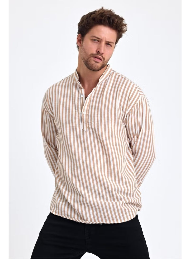 Cool Tarz Cool Style Striped Mandarin Collar Linen Three Button Men's Shirt - Image 3